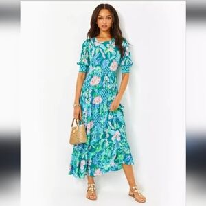 Lilly Pulitzer Dress Women's Medium Ameilia Elbow Sleeve Midi Hot On The Vine